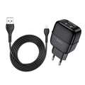 Мережевий зарядний пристрій Hoco C77A (2USB) з кабелем Lightning Чорний