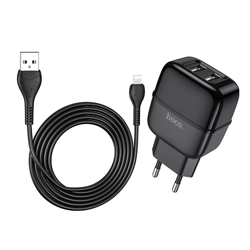 Мережевий зарядний пристрій Hoco C77A (2USB) з кабелем Lightning Чорний