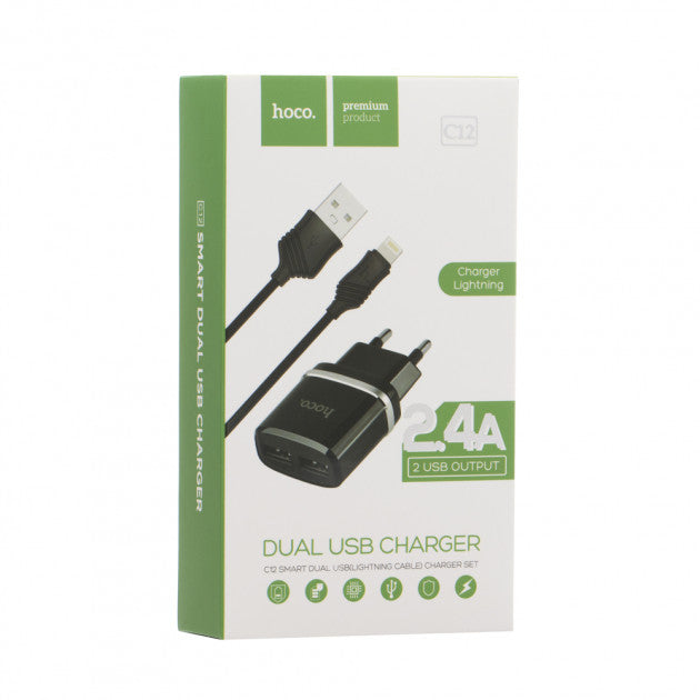 Мережевий зарядний пристрій HOCO C12 2USB 2.4A + Кабель Lightning Black