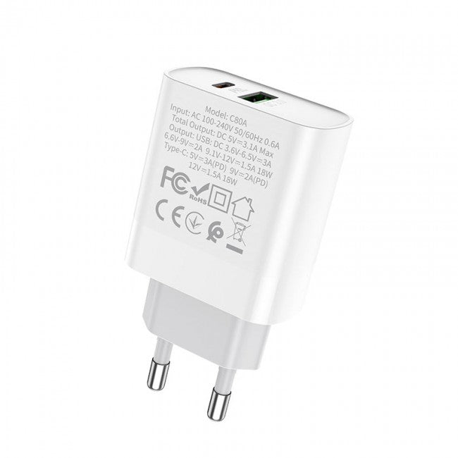 Мережевий зарядний пристрій Hoco C80A Rapido PD+QC3.0 charger Білий