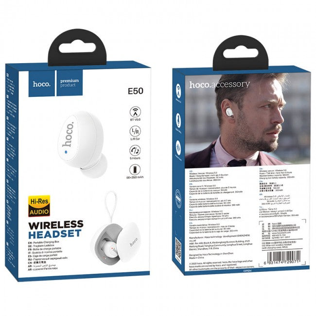 Hoco Bluetooth гарнитура E50 Wise mini wireless headset (с зарядным кейсом) White