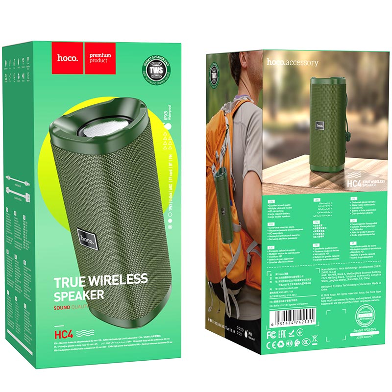 Портативна Bluetooth колонка Hoco HC4 Bella sports з вологозахистом IPX5 (BT 5.0, AUX, USB, MicroSD) Army Green