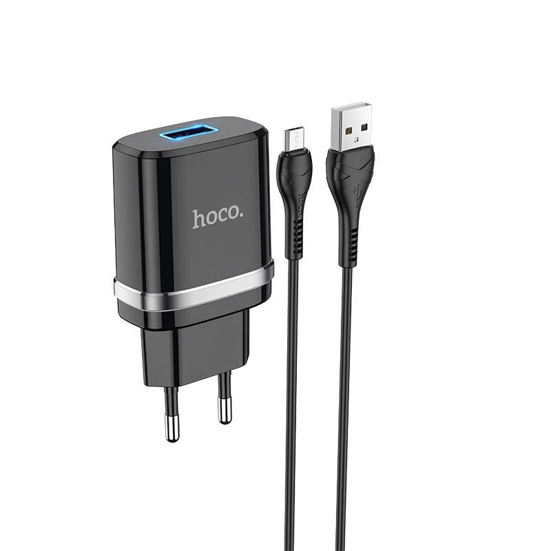 Мережевий зарядний пристрій Hoco N1 (комплект з кабелем MicroUSB) 1USB, 2,4A Чорний
