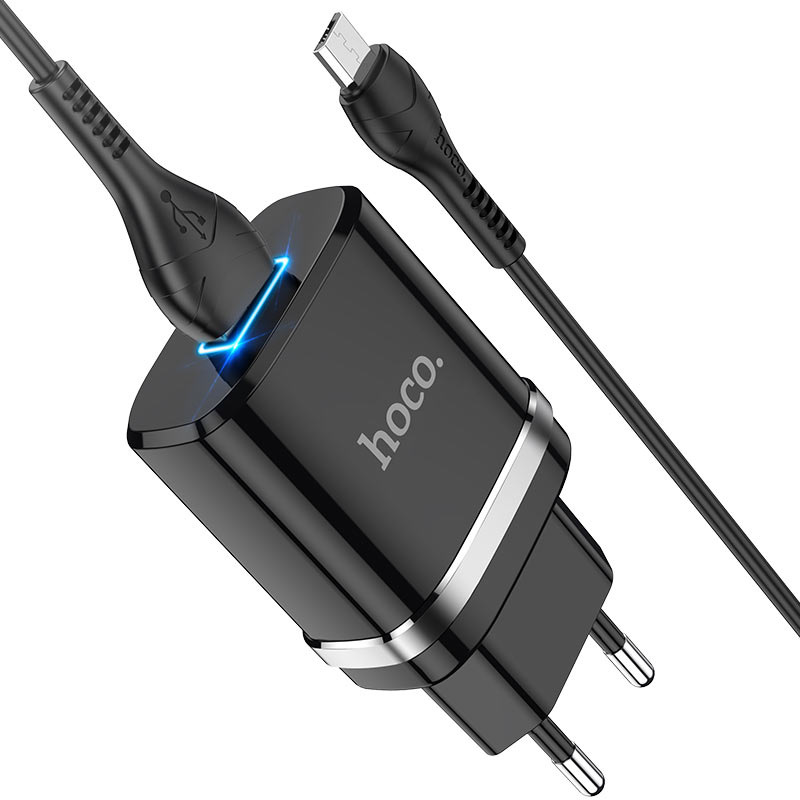Мережевий зарядний пристрій Hoco N1 (комплект з кабелем MicroUSB) 1USB, 2,4A Чорний
