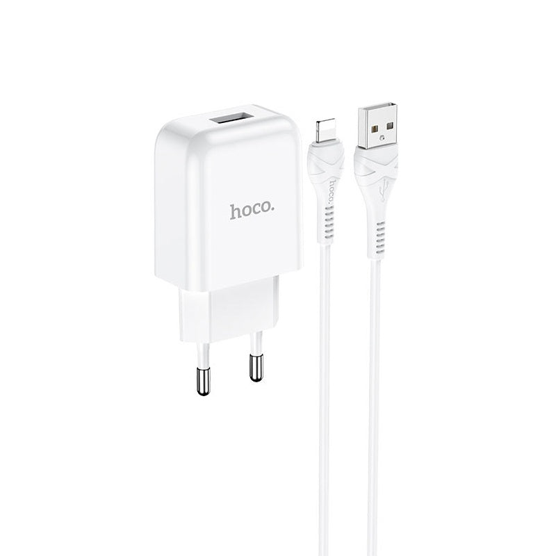 Мережевий зарядний пристрій Hoco N2 (комплект з кабелем Lightning, для iPhone) 1USB, 2,1A Білий