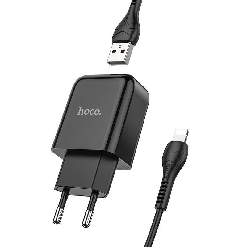 Мережевий зарядний пристрій Hoco N2 (комплект з кабелем Lightning, для iPhone) 1USB, 2,1A Чорний