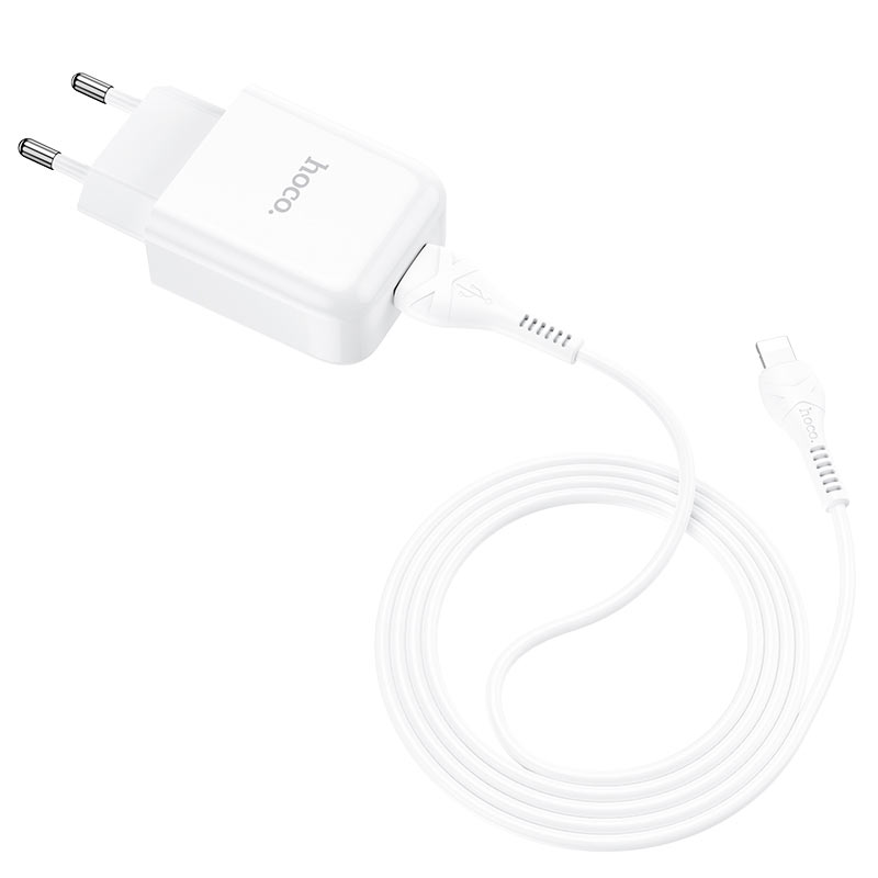 Мережевий зарядний пристрій Hoco N2 (комплект з кабелем Lightning, для iPhone) 1USB, 2,1A Білий