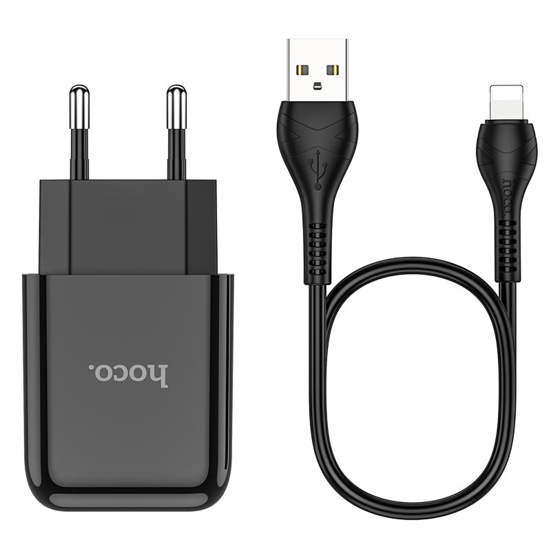 Мережевий зарядний пристрій Hoco N2 (комплект з кабелем Lightning, для iPhone) 1USB, 2,1A Чорний