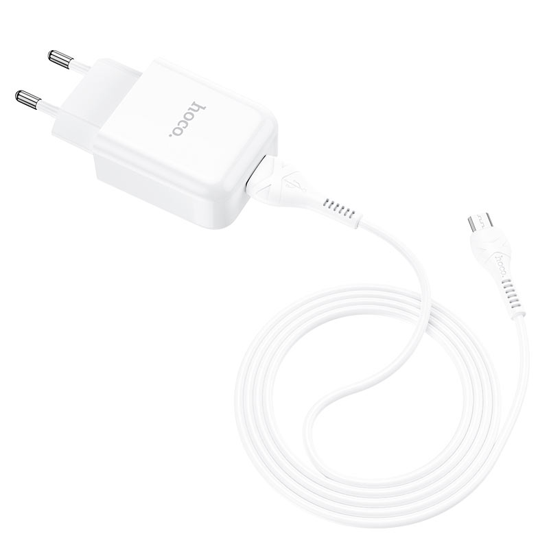 Мережевий зарядний пристрій Hoco N2 (комплект з кабелем MicroUSB) 1USB, 2,1A Білий