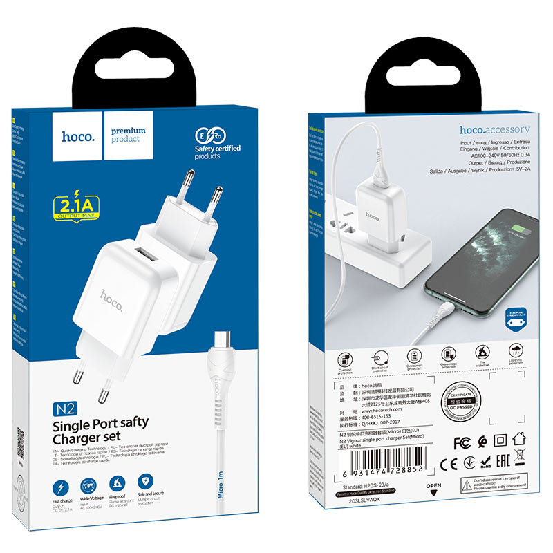 Мережевий зарядний пристрій Hoco N2 (комплект з кабелем MicroUSB) 1USB, 2,1A Білий