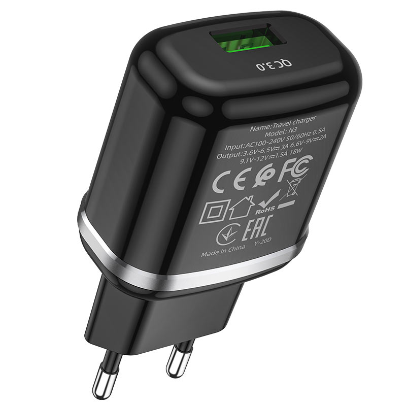 Мережевий зарядний пристрій Hoco N3 Special single port (1USB, QC3.0) Чорний