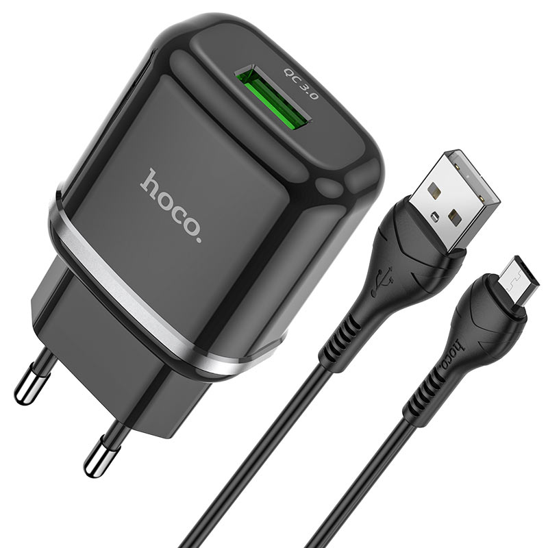 Мережевий зарядний пристрій Hoco N3 (комплект з кабелем MicroUSB) 1USB, QC3.0 Чорний