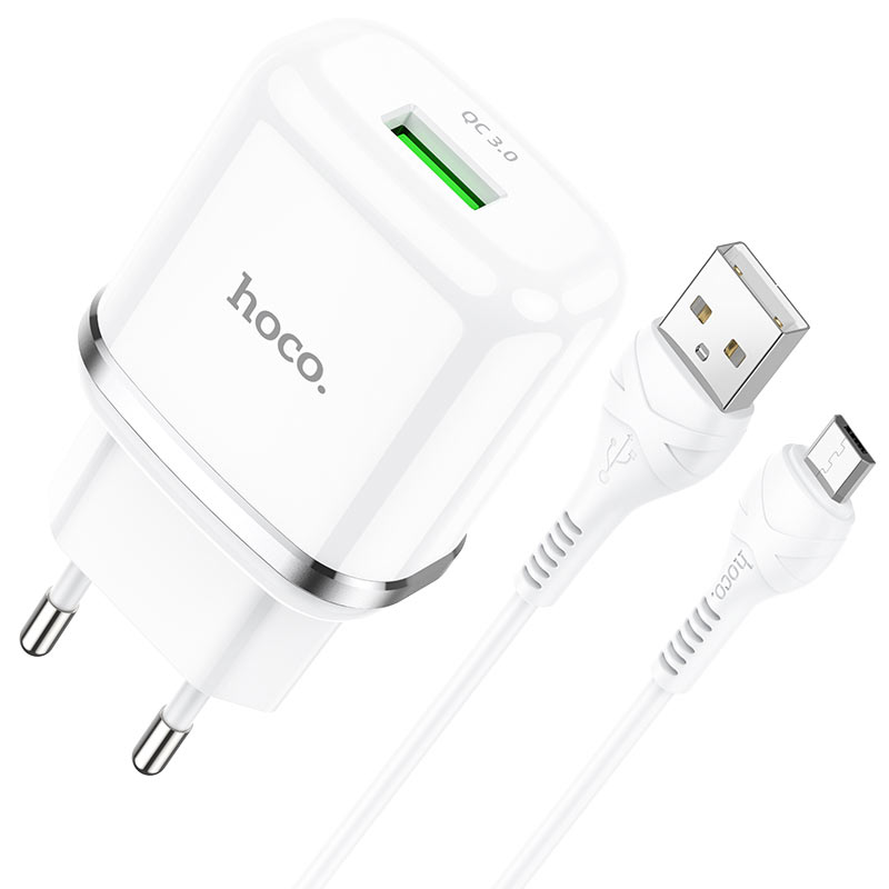 Мережевий зарядний пристрій Hoco N3 (комплект з кабелем MicroUSB) 1USB, QC3.0 Білий