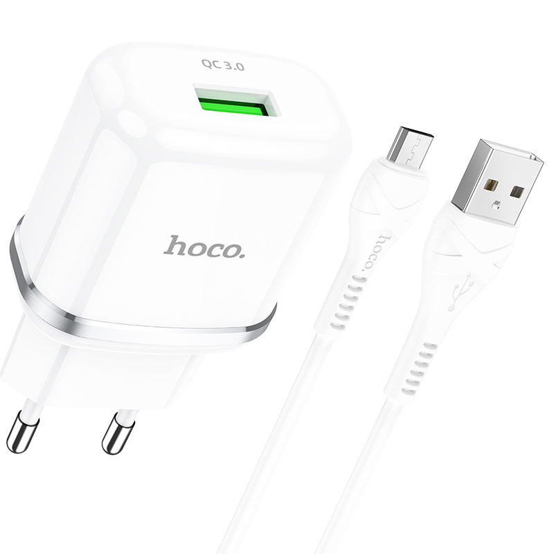 Мережевий зарядний пристрій Hoco N3 (комплект з кабелем MicroUSB) 1USB, QC3.0 Білий