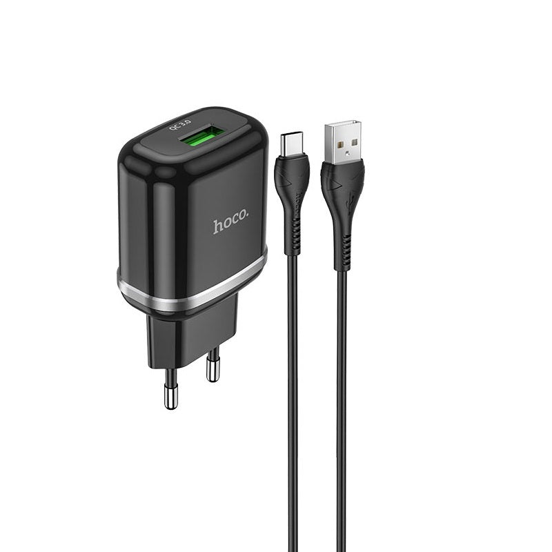 Мережевий зарядний пристрій Hoco N3 (комплект з кабелем Type-C) 1USB, QC3.0 Чорний