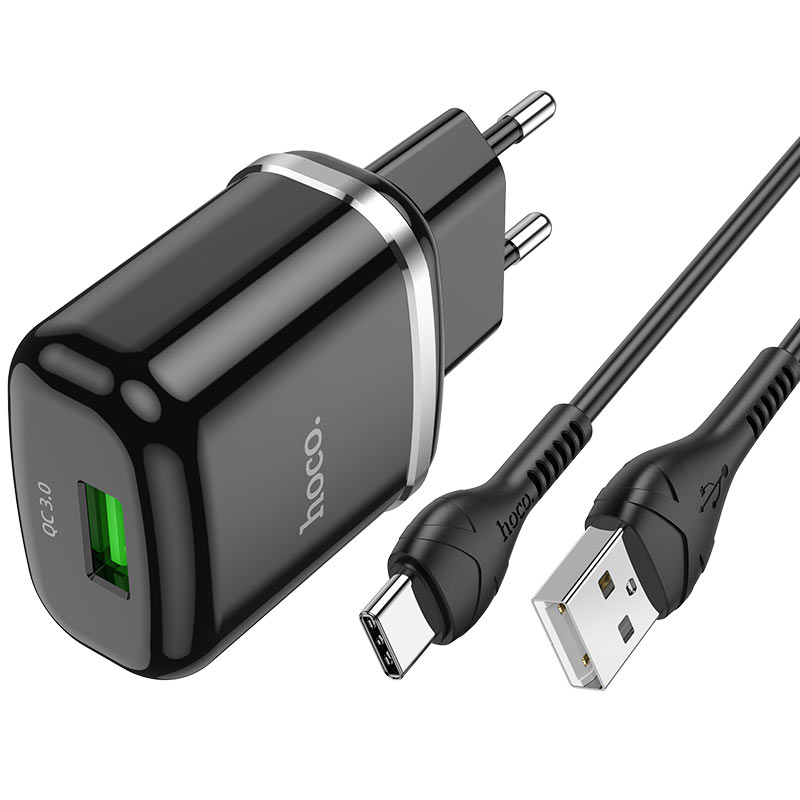 Мережевий зарядний пристрій Hoco N3 (комплект з кабелем Type-C) 1USB, QC3.0 Чорний