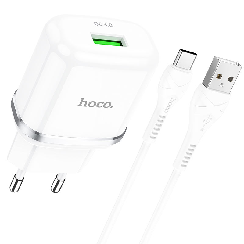 Мережевий зарядний пристрій Hoco N3 (комплект з кабелем Type-C) 1USB, QC3.0 Білий