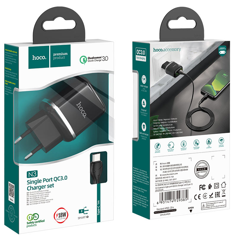 Мережевий зарядний пристрій Hoco N3 (комплект з кабелем Type-C) 1USB, QC3.0 Чорний
