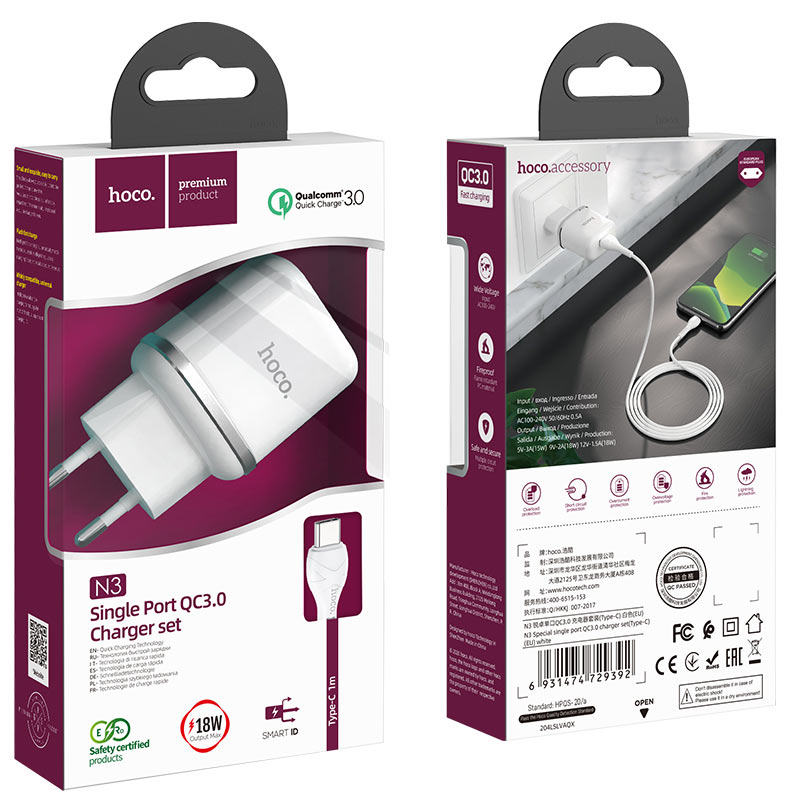 Мережевий зарядний пристрій Hoco N3 (комплект з кабелем Type-C) 1USB, QC3.0 Білий