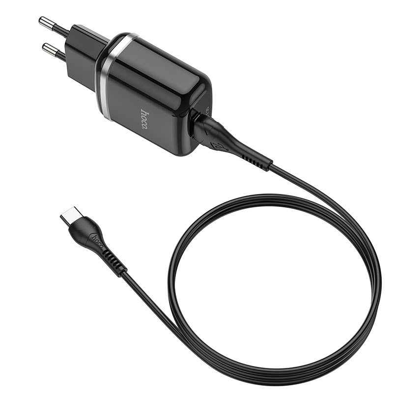 Мережевий зарядний пристрій Hoco N3 (комплект з кабелем Type-C) 1USB, QC3.0 Чорний