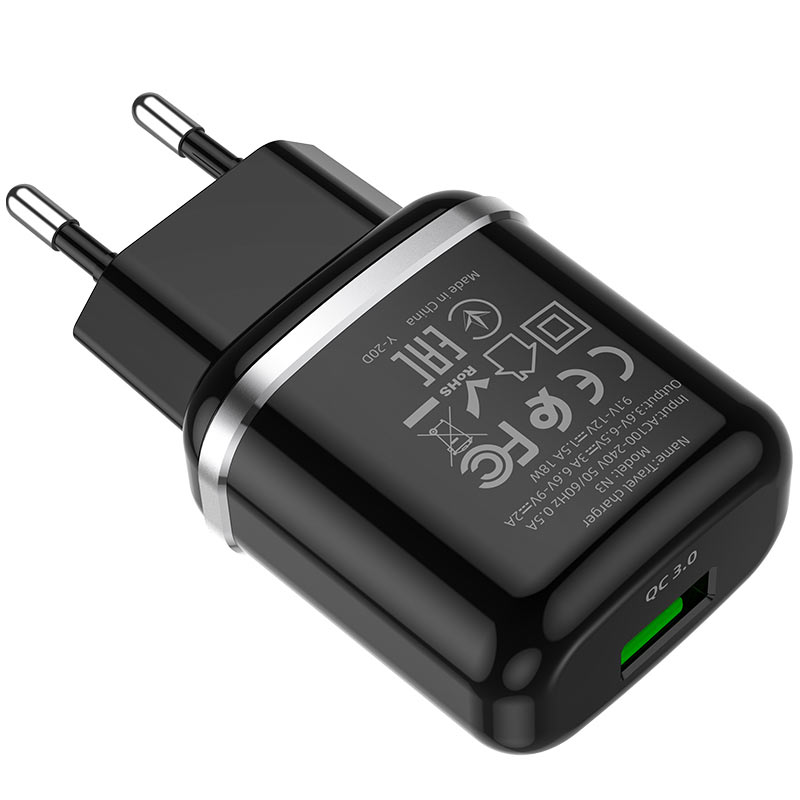 Мережевий зарядний пристрій Hoco N3 Special single port (1USB, QC3.0) Чорний