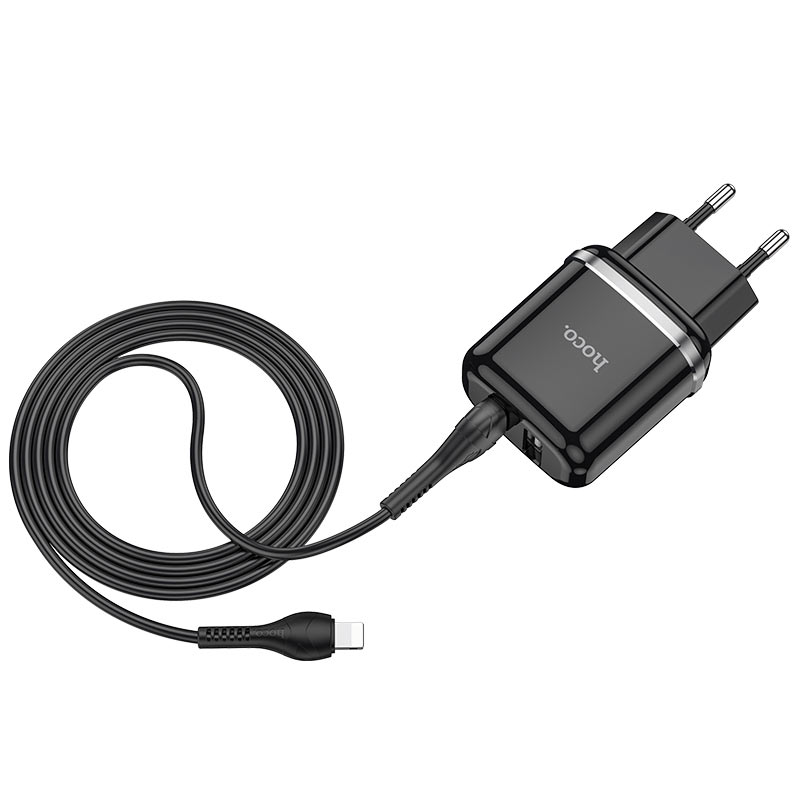 Мережевий зарядний пристрій Hoco N4 (комплект з кабелем Lightning, для iPhone) 2USB, 2,4A Чорний
