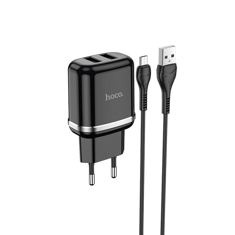 Мережевий зарядний пристрій Hoco N4 (комплект з кабелем MicroUSB) 2USB, 2,4A Чорний