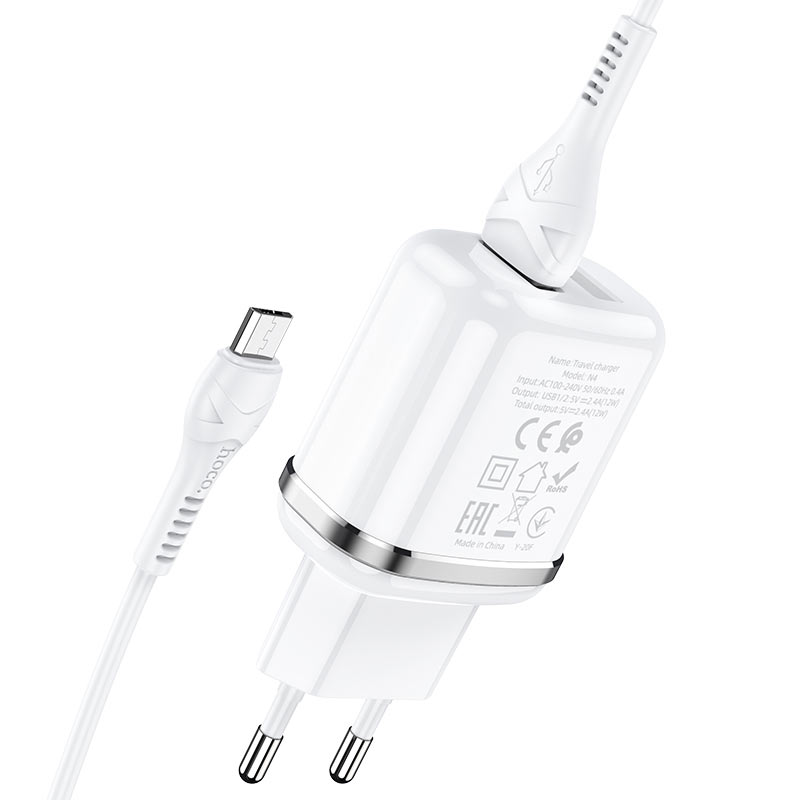 Мережевий зарядний пристрій Hoco N4 (комплект з кабелем MicroUSB) 2USB, 2,4A Білий