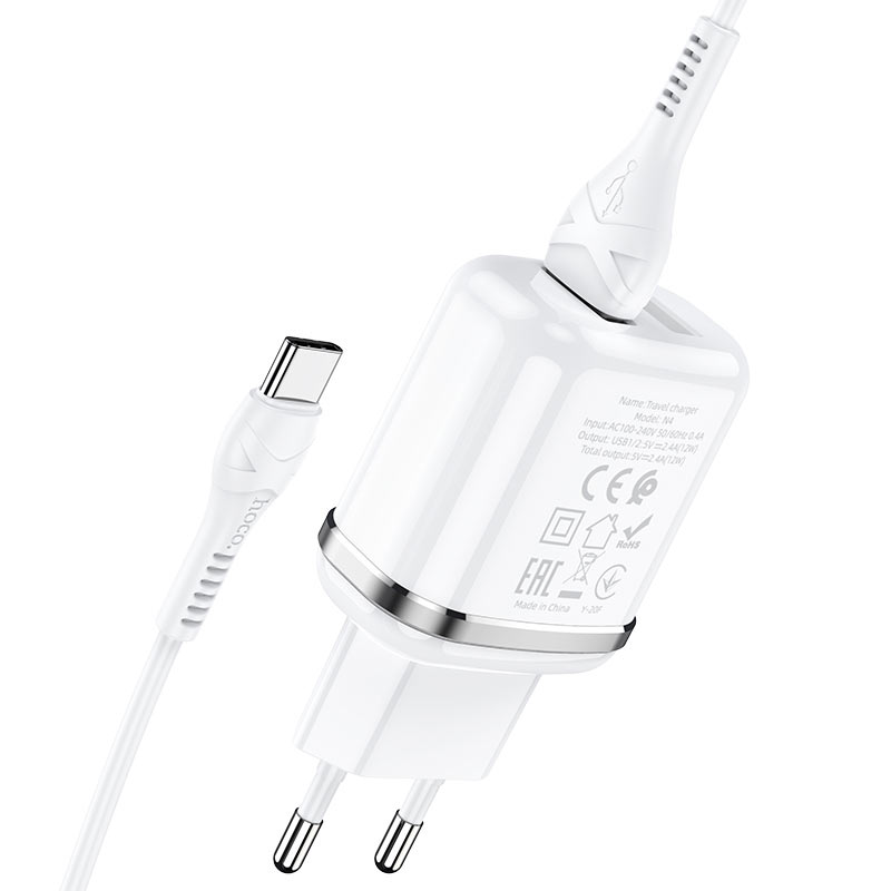 Мережевий зарядний пристрій Hoco N4 (комплект із кабелем Type-C) 2USB, 2,4A White