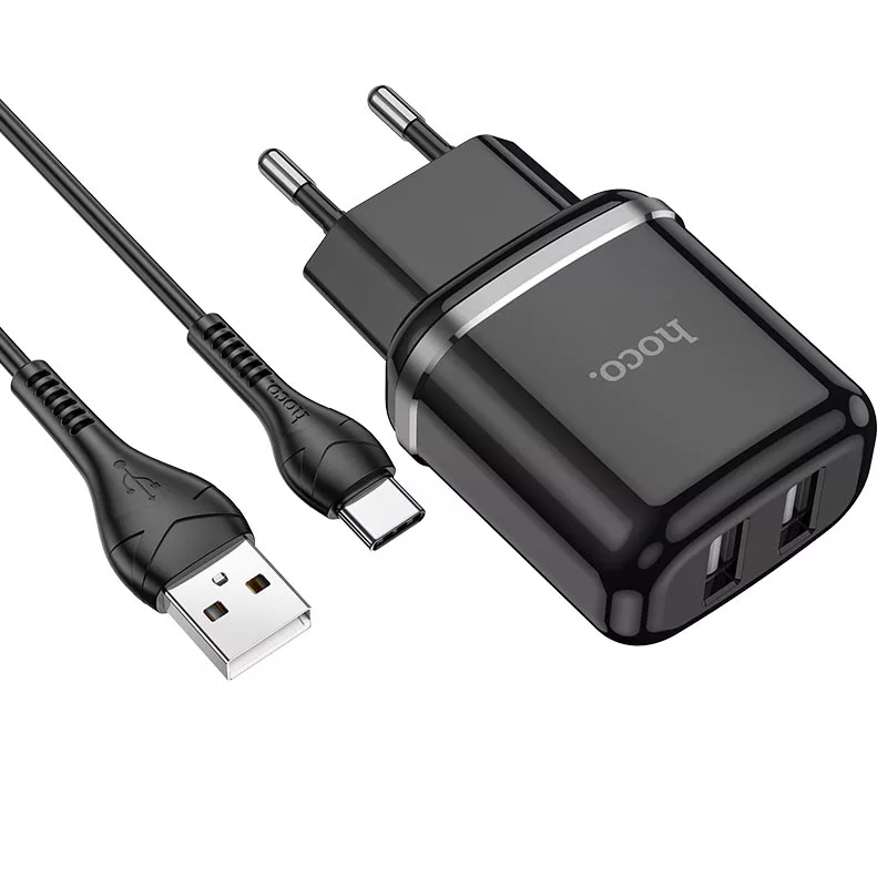 Мережевий зарядний пристрій Hoco N4 (комплект із кабелем Type-C) 2USB, 2,4A Black
