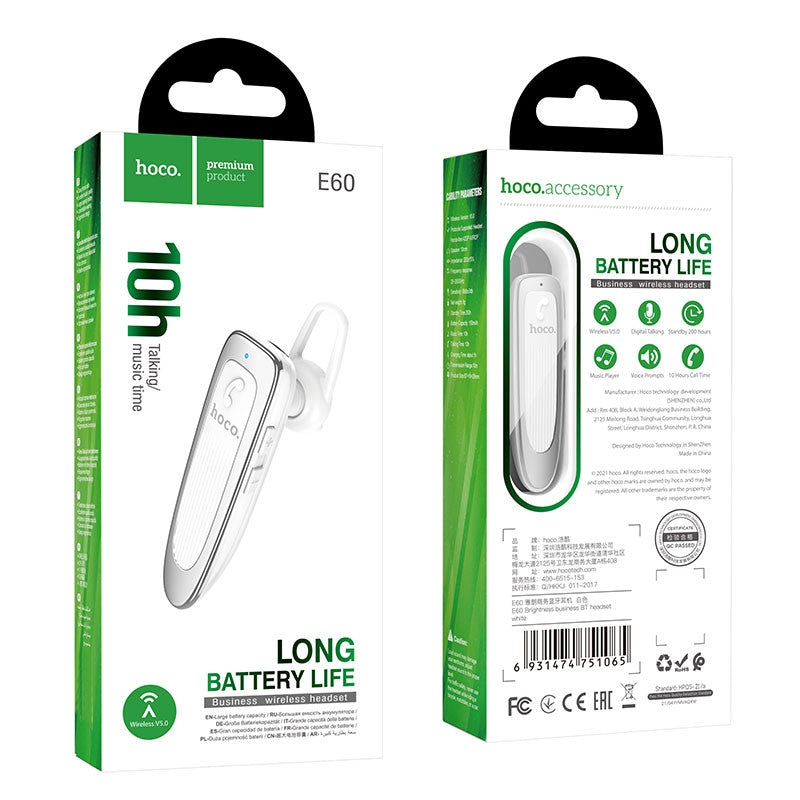 Bluetooth гарнитура наушник Hoco E60 Brightness business BT5.0 headset 10 часов White