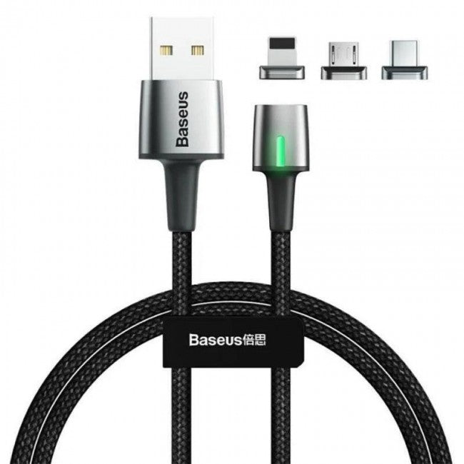 Магнітний кабель з опліткою 3в1 (MicroUSB, Type-C, Lightning) Baseus Zinc Magnetic Kit 1m Чорний