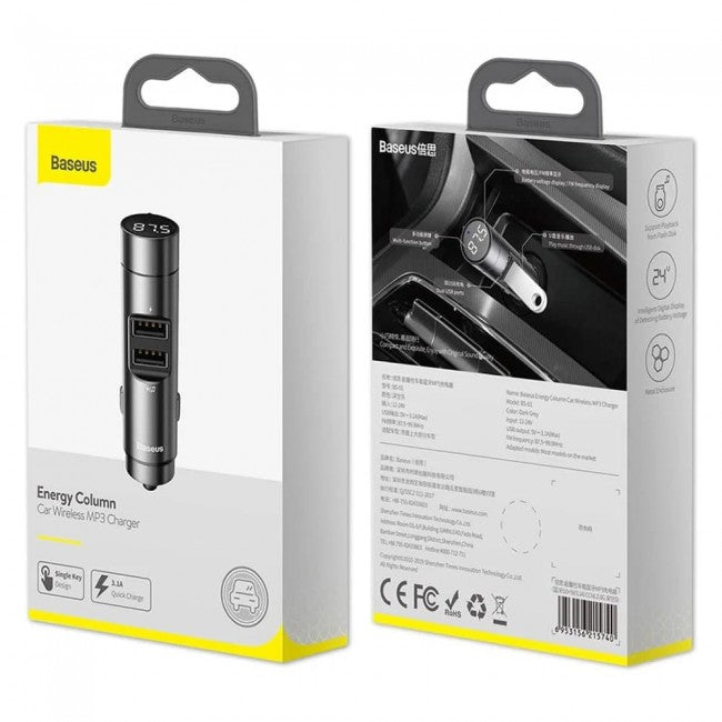 FM-модулятор (трансмиттер) Baseus Energy Column BS-01 (Bluetooth, MP3) c функцией зарядного устройства Dark Grey