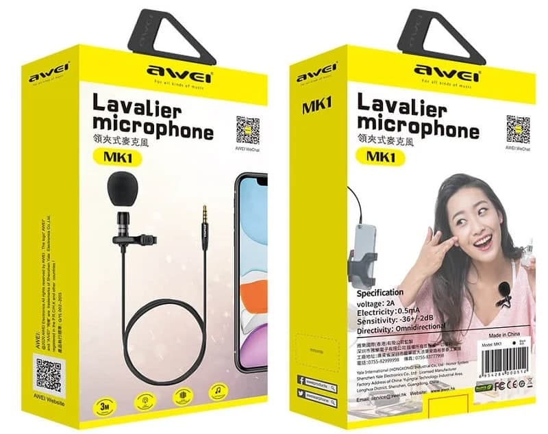 Петличний мікрофон для запису Awei MK1 AUX (3.5mm) 3m Black