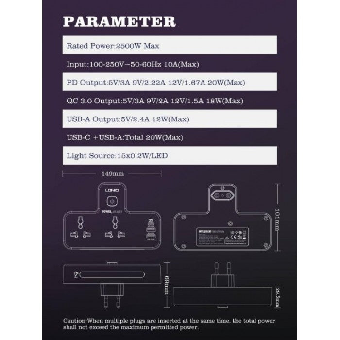 LDNIO SC2311 розетковий фільтр 2+2USB+Type-C