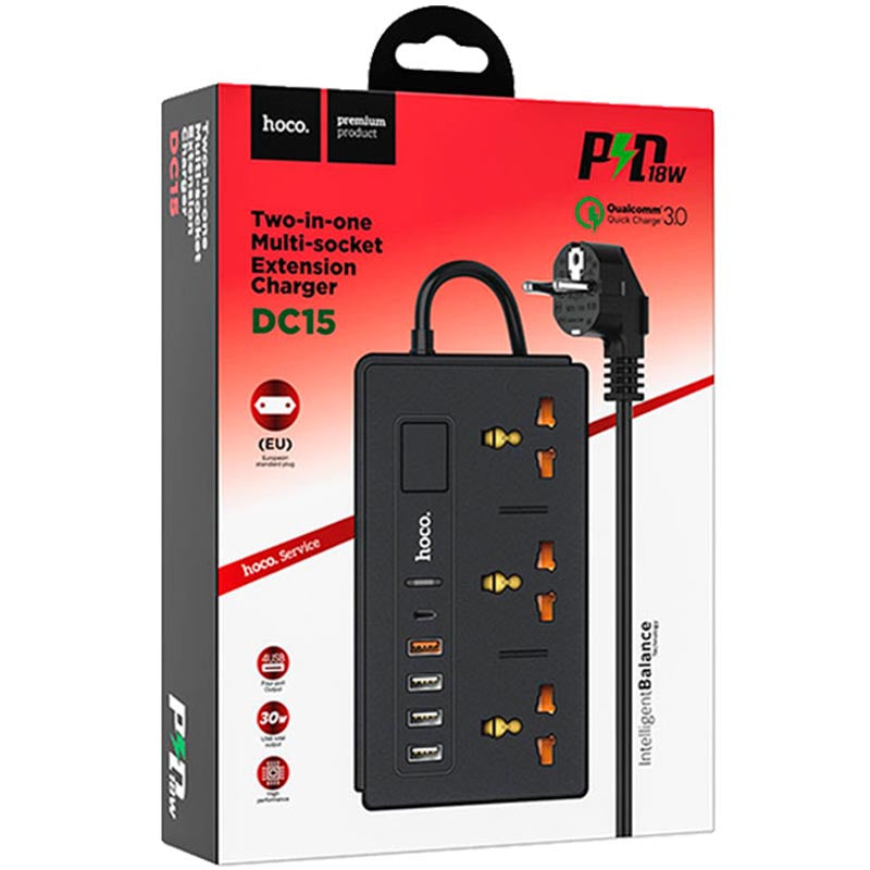 Удлинитель сетевой Hoco DC15 2500W 2 метра 3 EU розетки + 4USB + Type-C QC3.0 3A/30W Black